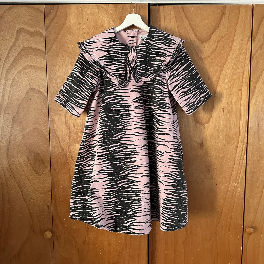 Ganni pink and black mini denim dress